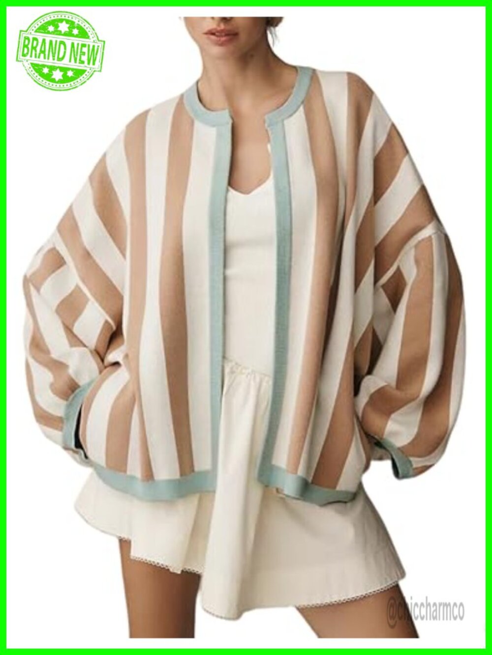 Womens Loose Fit Striped Cardigan Long Balloon Sleeve Open Front Knit Sweater